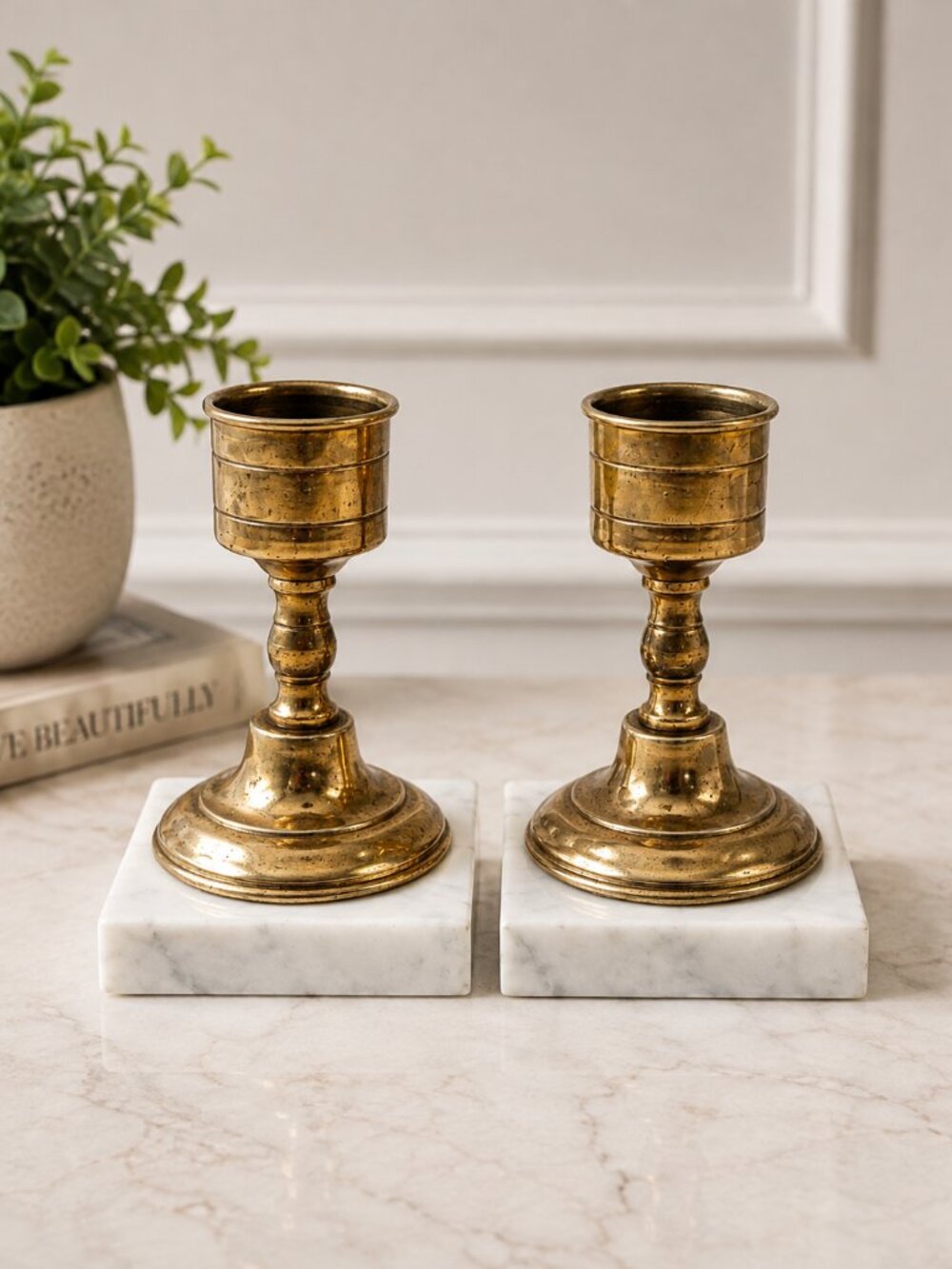 Vintage Italian Brass Candlestick Holders Marble Square Base Pair Mid Century